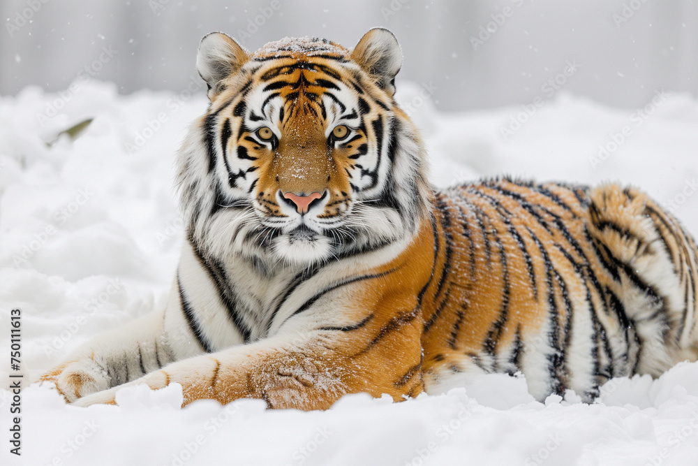 Naklejka premium Siberian Tiger Resting in Snow: Striking Contrast of Orange Fur Against White Snow, Crisp Detail Capturing Serenity of Winter Wilderness