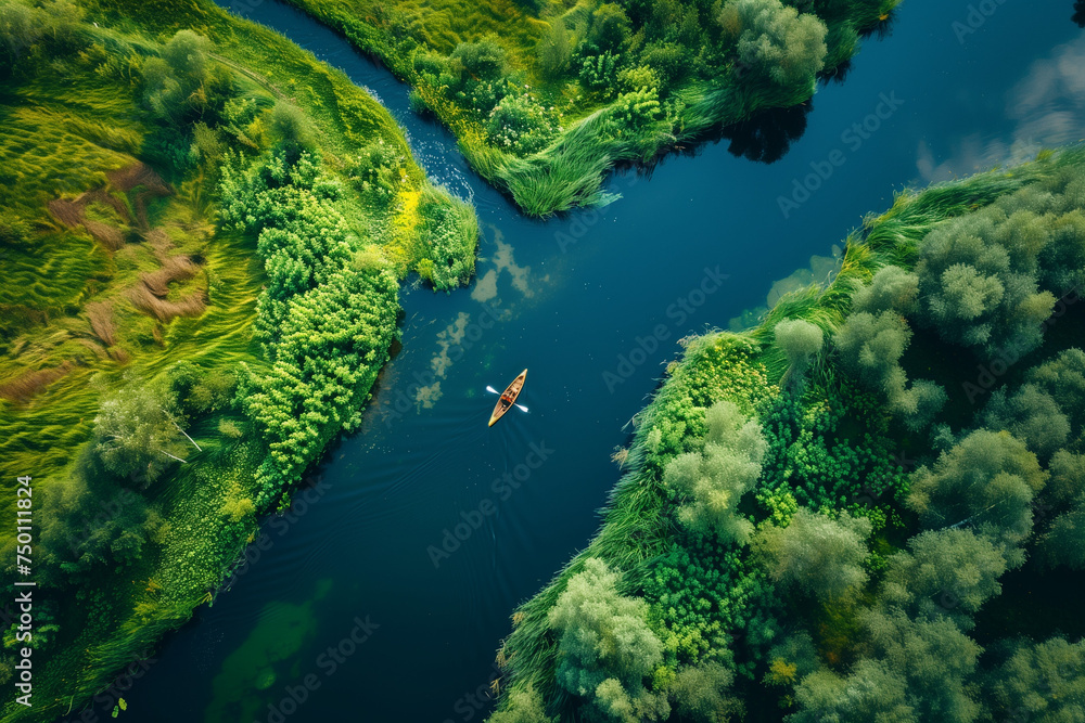 Aerial view of a canoe navigating through a winding river, lush green banks, vibrant daylight, adventurous path Aerial view of a canoe navigating through a winding river, lush green banks, vibrant daylight, adventurous path