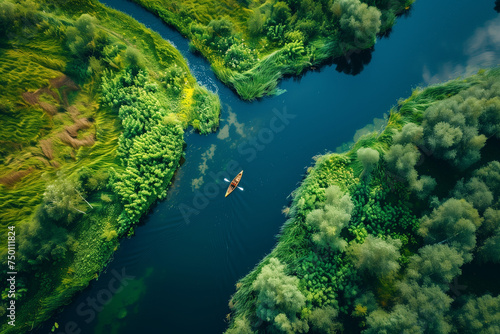 Aerial view of a canoe navigating through a winding river, lush green banks, vibrant daylight, adventurous path