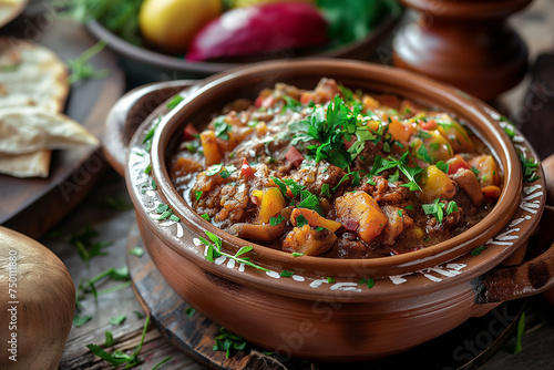 Savoring Tradition: Slow-Cooked Persian Stew, Lovingly Prepared to Perfection, Presented in an Authentic Clay Pot, Embracing the Rich Flavors of Persian Cuisine