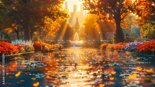Royal Splendor in the Park, A Grand Fountain Amidst Autumns Golden Glow
