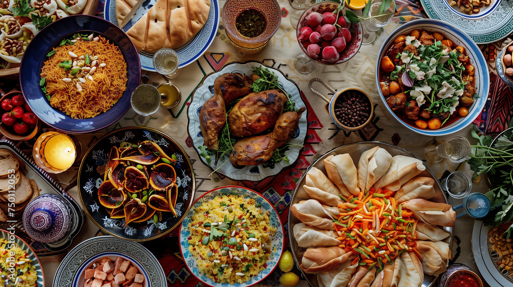 Extravagant Persian Feast: Overhead View Showcasing Diverse Dishes Served in Handmade Ceramics, Creating a Vibrant and Festive Setting Overflowing with Cultural Delights and Culinary Excellence