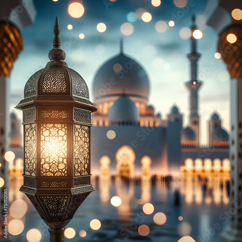An Islamic Lantern with a Blurred Mosque with Bokeh