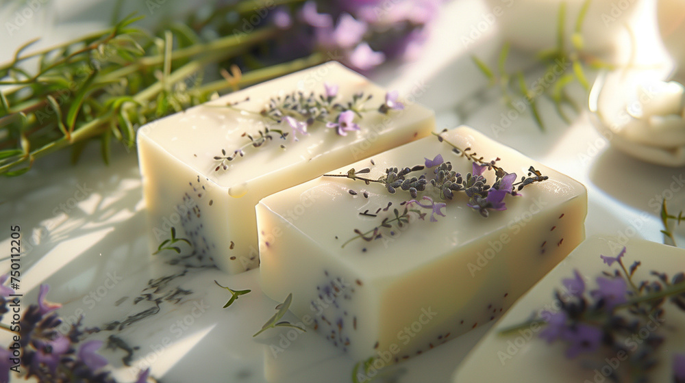 Close-up of handmade soap with lavender embeds, delicate foam, marble countertop, soft diffused lighting