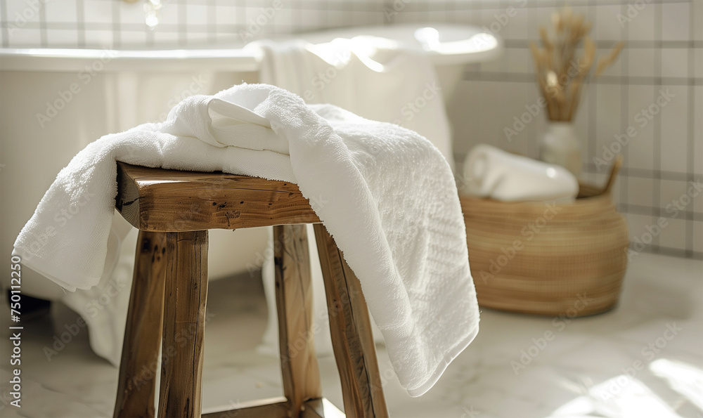 White Towels Drapped on a Rustic Wooden Stool in a White Clean Bathroom. White Towels Drapped on a Rustic Wooden Stool in a White Clean Bathroom.
