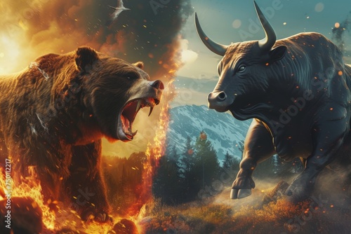 Bear Roaring in Burning Forest Contrasted with Bull Charging Across Vibrant Spring Meadow, Symbolizing Market Volatility and Chaos Concept
