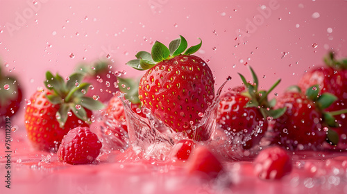 Refreshing Juicy Red Strawberry Splashing in Water on Pink Background.