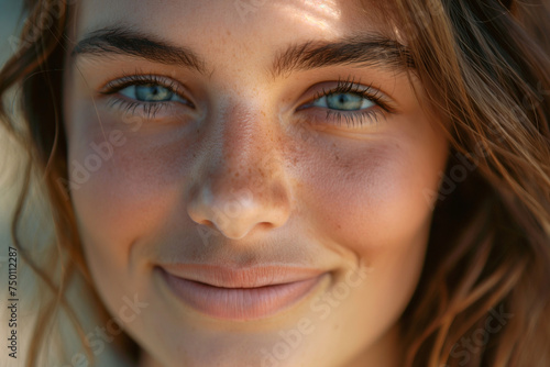 Close-up portrait of a young woman, subtle smile, natural daylight, soft-focus background, glowing skin © Nii_Anna