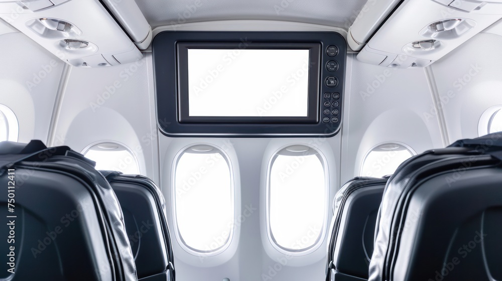 An isolated image of a passenger seat with an aircraft monitor, set against a white background An isolated image of a passenger seat with an aircraft monitor, set against a white background