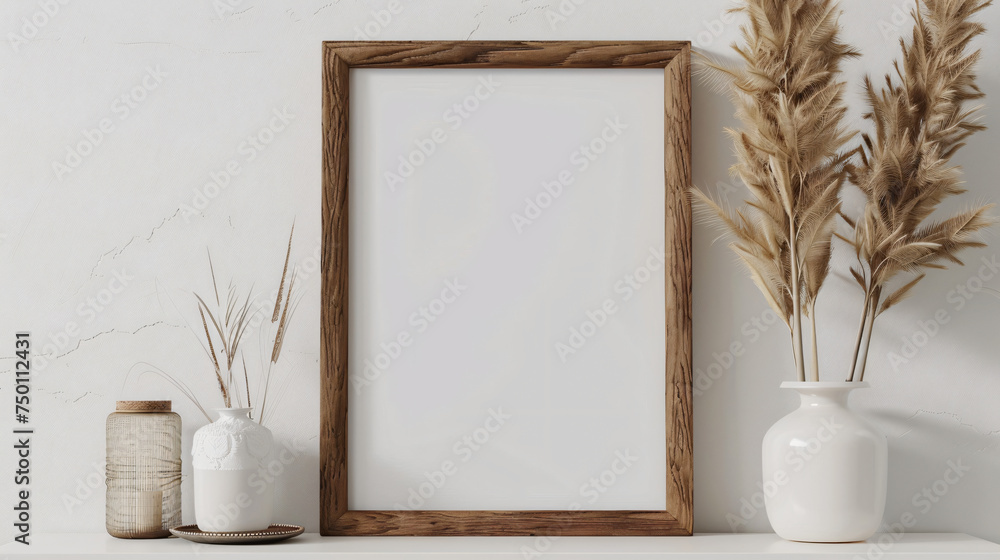 Mockup poster frame close up and accessories decor in cozy white interior background Mockup poster frame close up and accessories decor in cozy white interior background