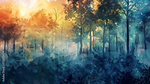 a painting of a forest with trees © progressman