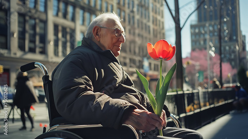 An elderly man with Parkinson's disease and red tulip in his hands in wheelchair on city street photo