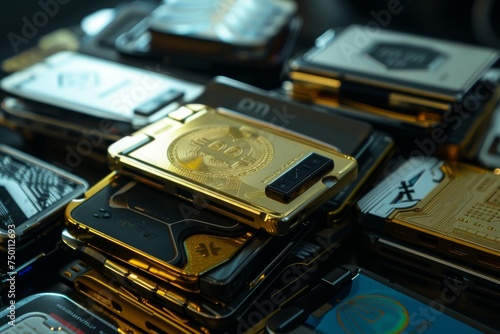 Pile of Unnecessary Cryptocurrency Hardware Wallets in Disarray, Symbolizing Digital Currency Chaos Concept
