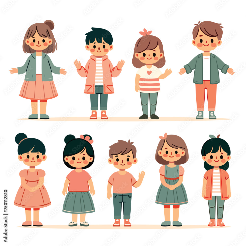 Cute cartoon family members, kids, boys and girls Cute cartoon family members, kids, boys and girls