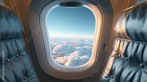 Inside the aircraft, there's a view of clouds through the window beside the airplane seat