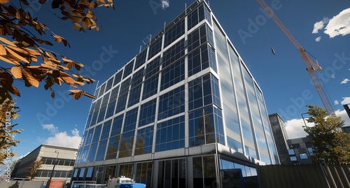 A large glass building with a crane in the background. The building is surrounded by trees and has a modern design