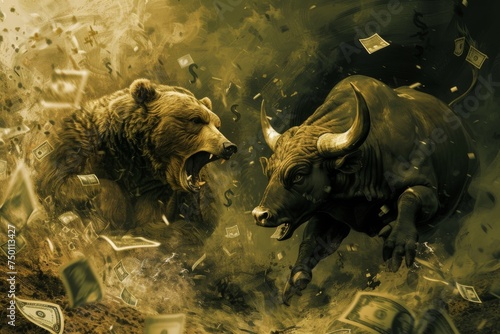 Dramatic Representation of Bear and Bull Engaged in Tug of War Amidst Floating Financial Symbols and Currency Notes, Symbolizing Stock Market Volatility Concept