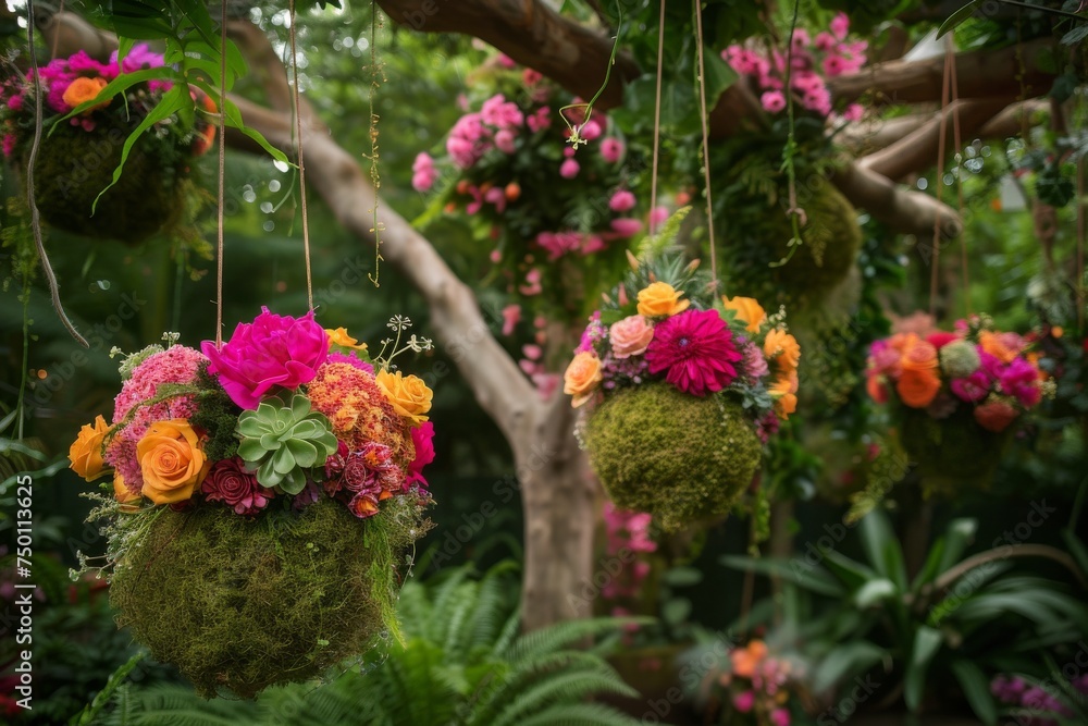 Enchanting Outdoor Kokedama Display with Vibrant Flowers and Succulents Suspended from Tree Branches in Lush Garden, Creating a Magical Floating Garden Concept
