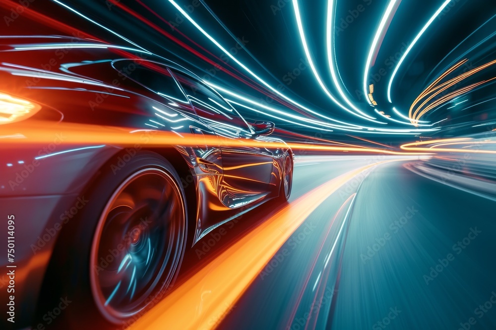 Modern futuristic car in movement. Sports luxury cars lights on the road at night time. Timelapse, hyperlapse of transportation. Motion blur, light trails, abstract soft glowing lines on street road