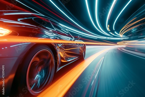 Modern futuristic car in movement. Sports luxury cars lights on the road at night time. Timelapse, hyperlapse of transportation. Motion blur, light trails, abstract soft glowing lines on street road © vejaa