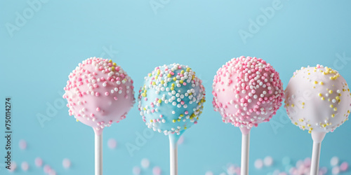 Delicious colorful pop cakes with sprinkles on pastel blue background.