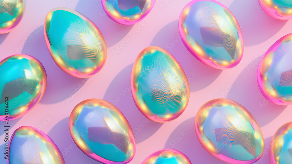 Iridescent holographic Easter eggs background. Modern traditional holiday decorations
