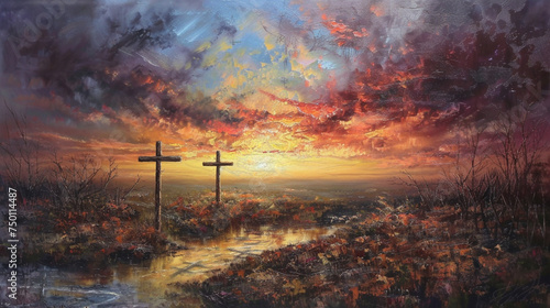 Celestial Peace: Sacred Landscape at Sunset with Three Crosses, Reflective Symbol of the Crucifixion.