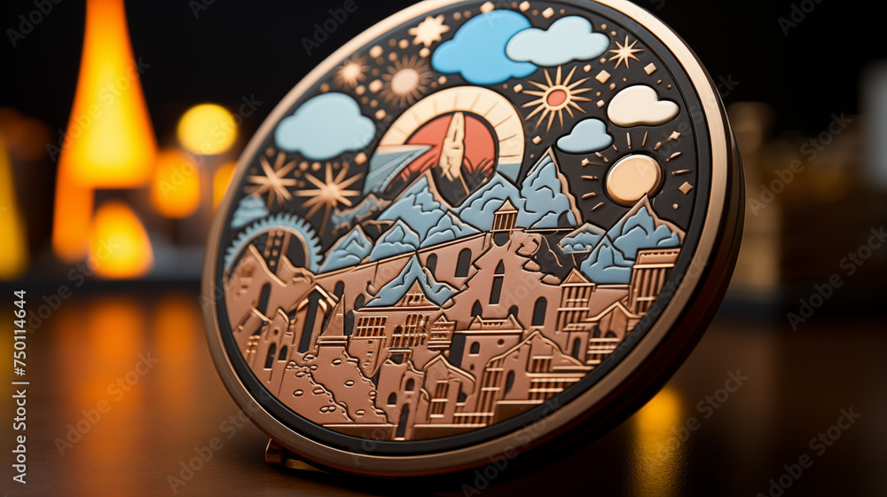 hardware coin with sun and colorful nature elements