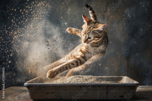 Energetic Cat Jumping Out of Litter Tray, Litter Particles Floating in the Air, Capturing the Chaos and Playful Essence of the Moment