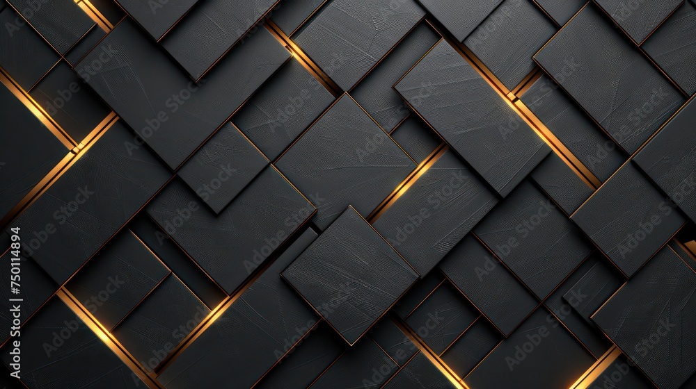This image features a geometric pattern of overlapping black tiles with bright golden lines creating a luxurious and modern texture This image features a geometric pattern of overlapping black tiles with bright golden lines creating a luxurious and modern texture