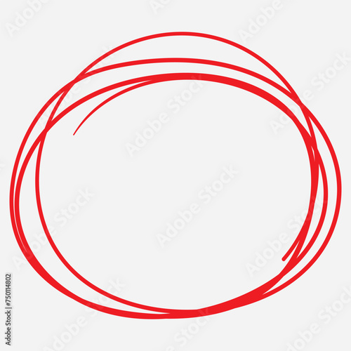 Red circle line hand drawn. Highlight hand drawing circle isolated on white background. Round handwritten circle. For marking text, note, mark icon, number, marker pen, pencil and text check, vector photo