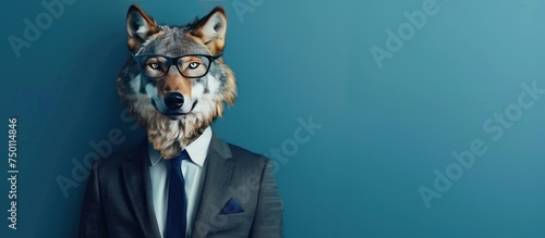 Portrait of anthropomorphic wolf wearing business attire in office. copy space. generative AI image