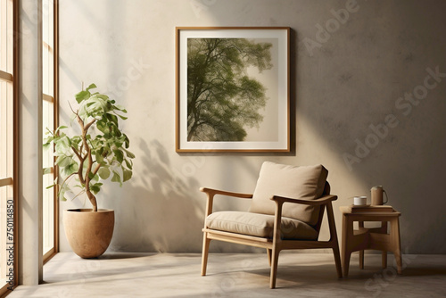 Engage your senses in a Scandinavian-inspired living space featuring a wooden chair  a green plant  and an empty frame ready for your narrative.