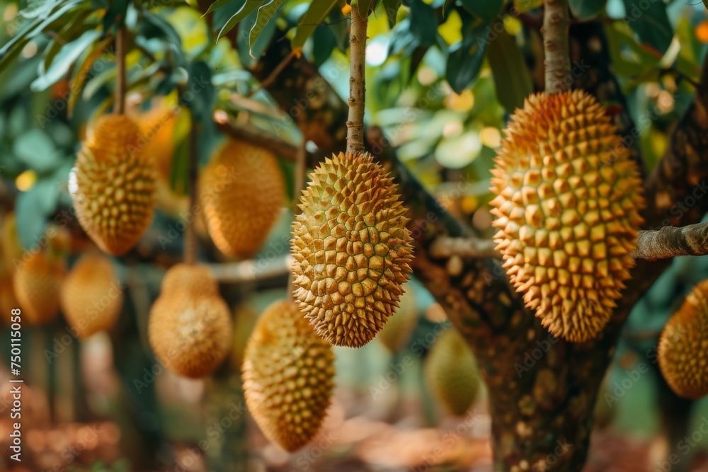 Durian fruit hanging from trees in orchard. A cluster of spiky durian fruits dominates the foreground, with a lush tropical farm landscape and mountains in the soft-focus background. Durian fruit hanging from trees in orchard. A cluster of spiky durian fruits dominates the foreground, with a lush tropical farm landscape and mountains in the soft-focus background.