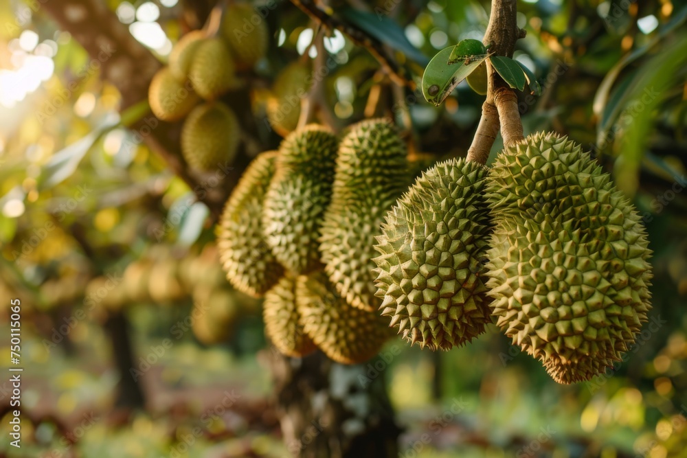 Durian fruit hanging from trees in orchard. A cluster of spiky durian fruits dominates the foreground, with a lush tropical farm landscape and mountains in the soft-focus background. Durian fruit hanging from trees in orchard. A cluster of spiky durian fruits dominates the foreground, with a lush tropical farm landscape and mountains in the soft-focus background.