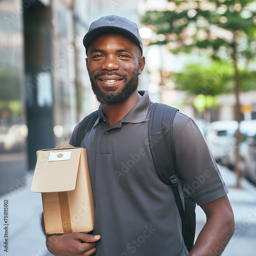 portrait of Courier and Messenger, who Pick up and carry messages, documents, packages, and other items between offices or departments within an establishment or to other business concerns photo