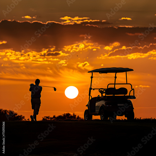 Golfer silhouette with a golf cart and sunset 