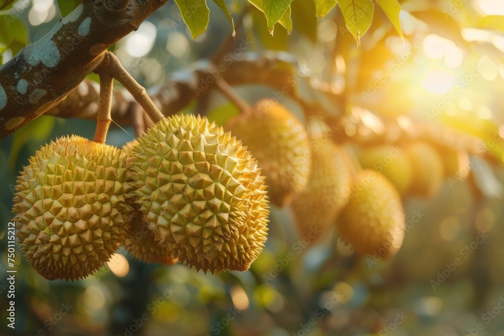 Durian fruit hanging from trees in orchard. A cluster of spiky durian fruits dominates the foreground, with a lush tropical farm landscape and mountains in the soft-focus background.