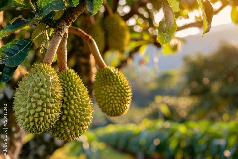 Durian fruit hanging from trees in orchard. A cluster of spiky durian fruits dominates the foreground, with a lush tropical farm landscape and mountains in the soft-focus background. Durian fruit hanging from trees in orchard. A cluster of spiky durian fruits dominates the foreground, with a lush tropical farm landscape and mountains in the soft-focus background.