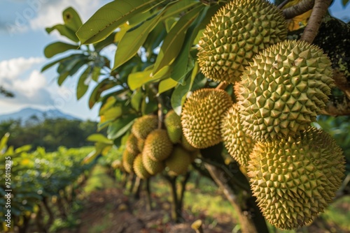 Durian fruit hanging from trees in orchard. A cluster of spiky durian fruits dominates the foreground, with a lush tropical farm landscape and mountains in the soft-focus background. © P Stock