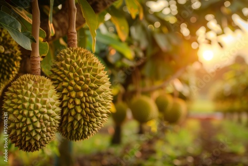 Durian fruit hanging from trees in orchard. A cluster of spiky durian fruits dominates the foreground  with a lush tropical farm landscape and mountains in the soft-focus background.
