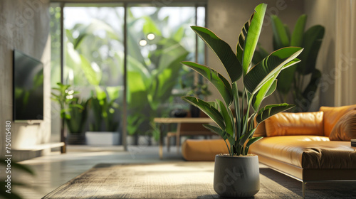 Heliconia Plant Strelitzia in a Stylish Pot Basking in Warm Natural Light Indoors.