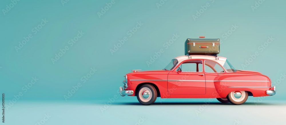 Red retro car with luggage on the roof ready for summer travel on blue background. copy space