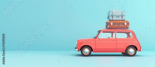 Red retro car with luggage on the roof ready for summer travel on blue background. copy space