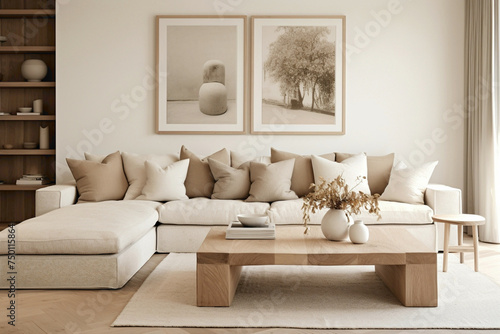 An elegant beige living room infused with Scandinavian design principles, characterized by clean lines and natural materials.