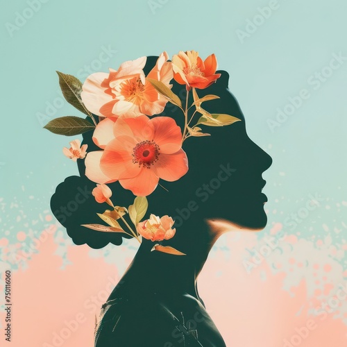 A female silhouette against a turquoise background, with vibrant orange flowers replacing where the brain would be © Matthew