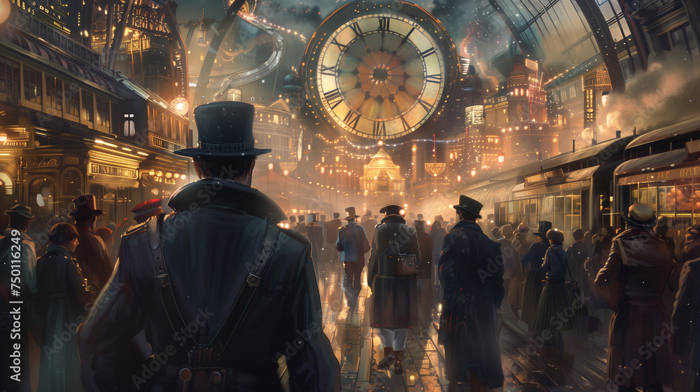 Steampunk Vision of Time Travel: A Time Traveler at the Cusp of Industrial Revolution with Clockwork Elements, Victorian Era Influence, and Retrofuturistic Imagery