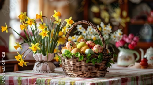 Wallpaper Mural Composition with Easter eggs and flowers in the woven basket in the home. Spring holiday Easter celebration concept. Torontodigital.ca