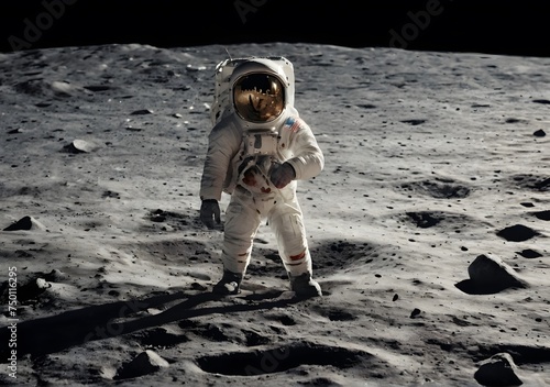 Astronaut is walking on the moon. With land on the horizon. Elements of this image were furnished photo