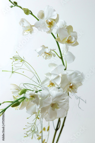 A sophisticated arrangement of exquisite flowers on white backdrop